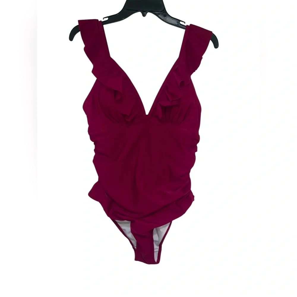 Sociala Ruched Tummy Control One Piece Ruffle Bathing/Swim Suit Fuchsia Red Sz M